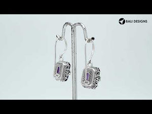 Wholesale Rectangular Sterling Silver Earrings With Amethyst Quartz And Engraved Oxidized Balinese Detailing