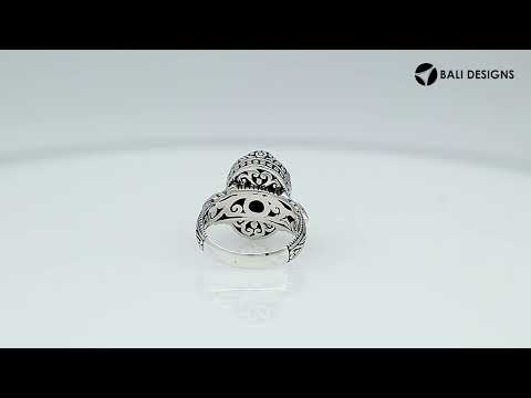 Sterling Silver Black Onyx Quartz Oval Shape Ring With Balinese Engraved Band