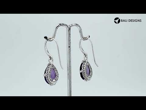 Wholesale Sterling Silver Amethyst Quartz Teardrop Earrings With Detailed Balinese-Style Metalwork.