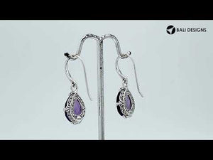 Wholesale Sterling Silver Amethyst Quartz Teardrop Earrings With Detailed Balinese-Style Metalwork.
