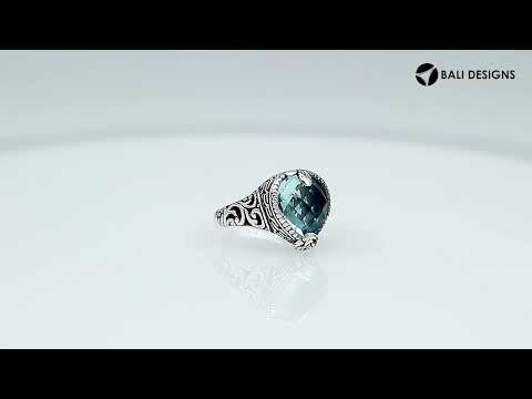 Handcrafted Blue Topaz Quartz heart-cut sterling silver ring with ornate Balinese detailing