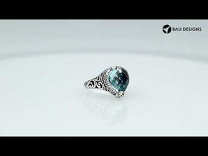 Handcrafted Blue Topaz Quartz heart-cut sterling silver ring with ornate Balinese detailing