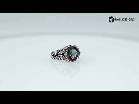 Sterling Silver Ornate Ring With Mystic Quartz And Cubic Zirconia In Balinese Carving Design