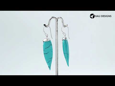 Sterling Silver Turquoise Leaf Dangle Earrings Handcrafted In Bali