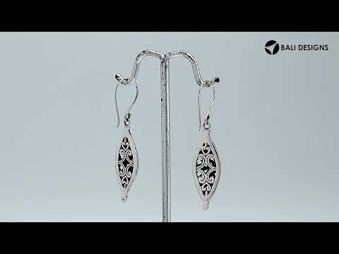 Wholesale Sterling Silver marquise earrings with oxidized filigree scroll patterns.