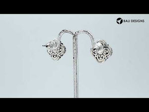 Wholesale Sterling Silver Vintage Floral Red Coral Stud Earrings With Oxidized Bali Detailing