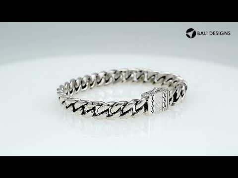 Sterling silver Cuban chain bracelet with engraved Balinese clasp and oxidized finish