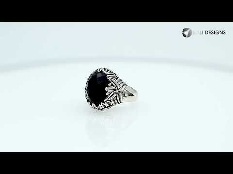 Sterling Silver Oval Shape Black Onyx Ring With Leaf Pattern Detailing