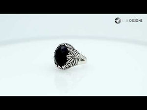 Sterling Silver Oval Shape Black Onyx Ring With Leaf Pattern Detailing