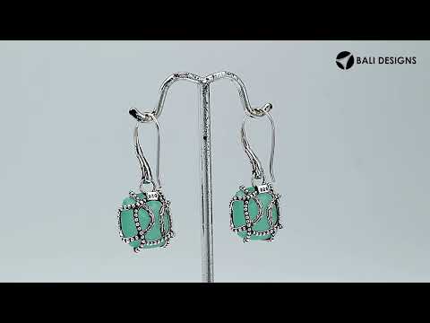 Wholesale sterling silver Green Chalcedony Quartz cushion cut earrings with oxidized silver detailing and polished finish.