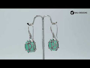 Wholesale sterling silver Green Chalcedony Quartz cushion cut earrings with oxidized silver detailing and polished finish.