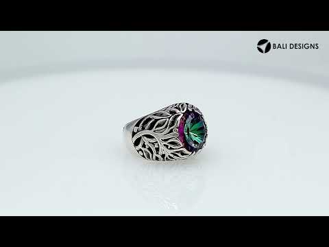 Sterling Silver Leaf Pattern Ring With Mystic Quartz