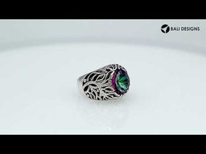 Sterling Silver Leaf Pattern Ring With Mystic Quartz