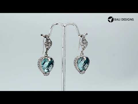 Sterling silver Blue Topaz Quartz heart floral drop earrings with oxidized finish and earwire lock.