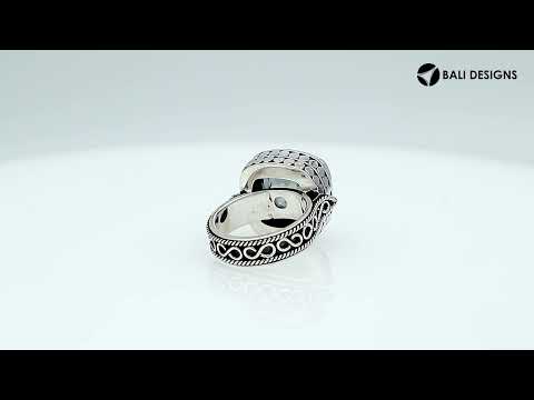 Sterling Silver Mystic Quartz Cushion Designer Ring With Textured Band, Mirror Polished Oxidized Finish