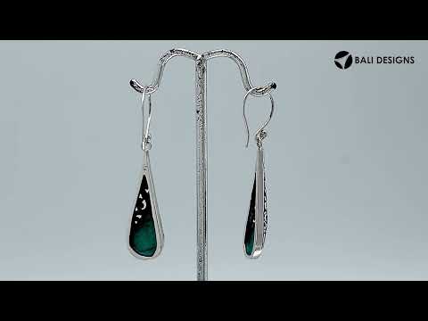 Sterling silver long teardrop earrings with Turquoise Shell and Balinese scrollwork.
