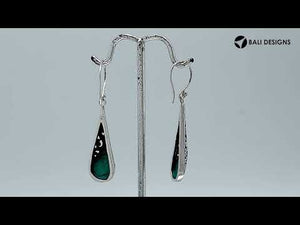 Sterling silver long teardrop earrings with Turquoise Shell and Balinese scrollwork.