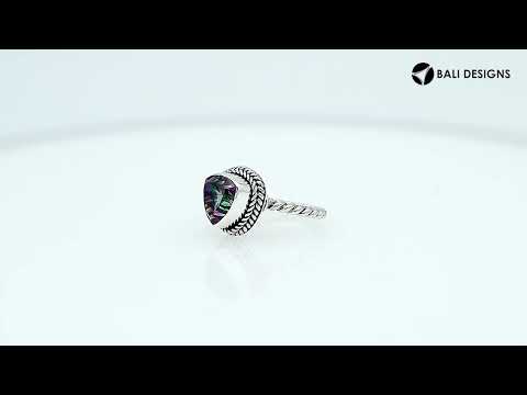 Wholesale 925 sterling silver ring with Mystic Quartz Triangle, twisted rope band, handcrafted in Bali.