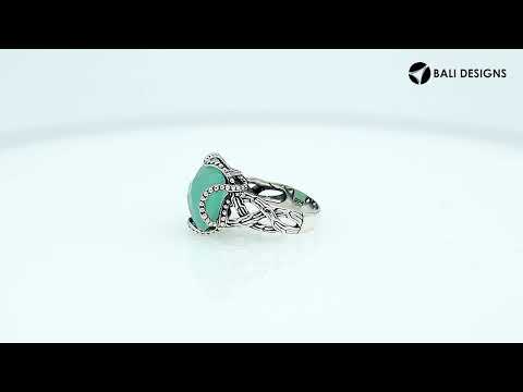 Wholesale Sterling Silver Green Chalcedony Quartz fancy cross-cut faceted women’s ring with bead edge and floral detailing