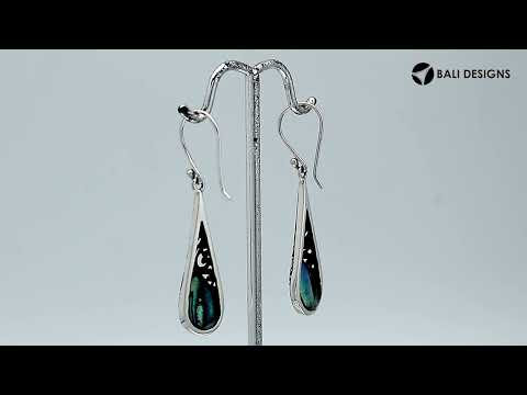 Sterling silver long teardrop earrings with Abalone Shell and Balinese scrollwork design.