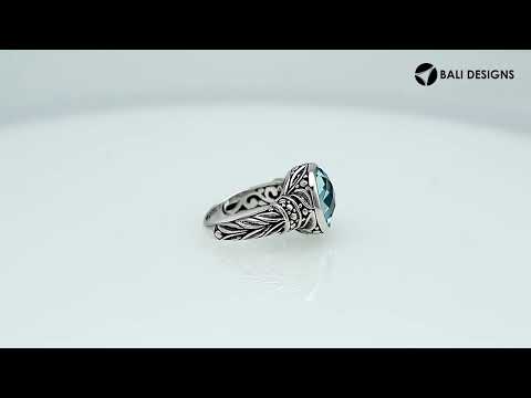 Sterling Silver Round Blue Topaz Quartz Ring With Filigree Detailing And Polished Finish