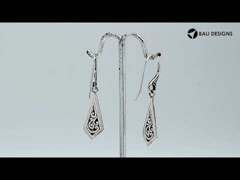 Wholesale sterling silver tapered geometric earrings with oxidized filigree scroll designs.