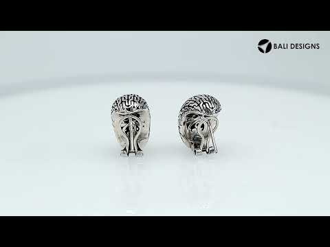 Wholesale sterling silver omega-back patterned hoop earrings with oxidized detailing.