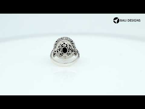 Sterling Silver Black Onyx Quartz Ring With Balinese Engraved Band