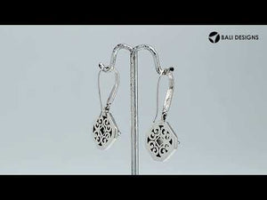 Wholesale Sterling Silver Green Amethyst Quartz Square Frame Dangle Earrings With Bali Pattern