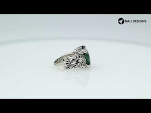 Handcrafted 925 sterling silver ring with cushion-cut green quartz, ornate Bali design.
