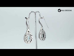 Sterling silver pear-shaped Amethyst Quartz earrings with ornate Balinese detailing and earwire lock, featuring a high-gloss polished finish for wholesale jewelry distributors and catalogs.