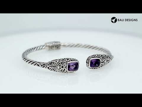 Sterling silver twisted bangle with amethyst quartz ends and Balinese oxidized detailing