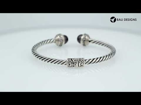 Sterling silver handcrafted bangle with gray pearl and cubic zirconia, twisted rope design, made in Bali.