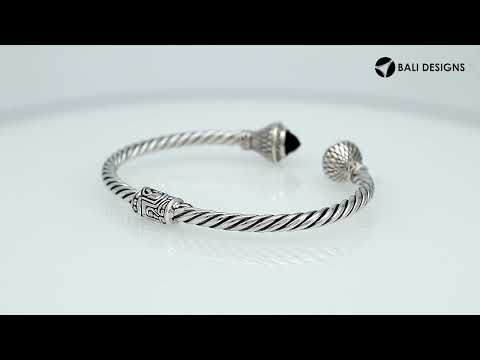 Wholesale sterling silver twisted cable cuff bracelet featuring faceted amethyst quartz end caps, 4MM band size, hinge lock, and detailed Bali-style engravings.