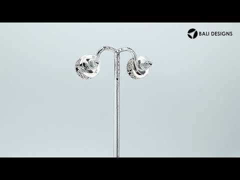 Sterling silver stud earrings with White Pearls and a dotted Balinese border.