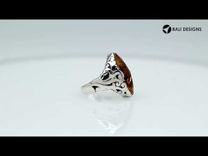 Sterling Silver Citrine Quartz Marquise Balinese Ring Handcrafted In Indonesia