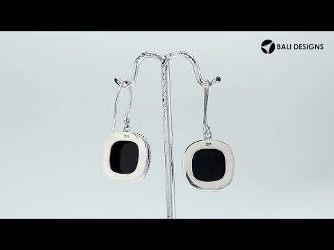 Sterling Silver cushion Black Onyx hook earrings handcrafted in Bali with rope-edge detailing and polished finish.
