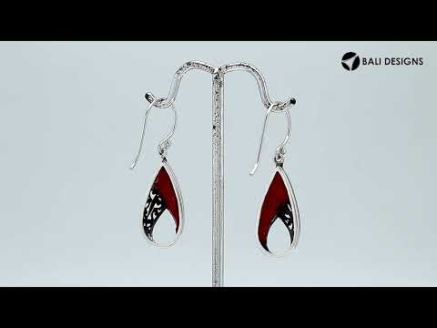 Wholesale Sterling Silver Pear Shape Earrings With Red Coral And Filigree Design