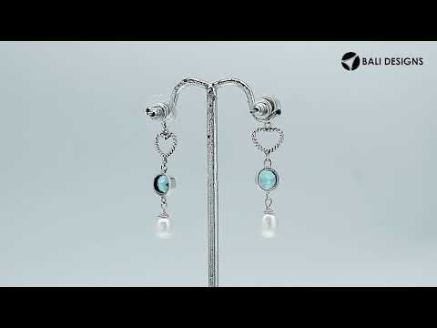 Sterling Silver Fresh Water Pearl and Blue Topaz Quartz heart drop earrings handcrafted in Bali with rope texture and polished finish.