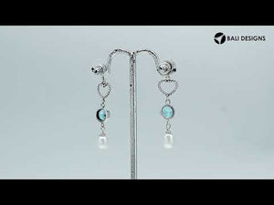 Sterling Silver Fresh Water Pearl and Blue Topaz Quartz heart drop earrings handcrafted in Bali with rope texture and polished finish.