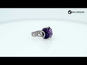 Wholesale Sterling Silver fancy cross-shaped Amethyst Quartz faceted women’s ring with bead edge and floral detailing