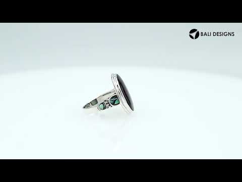 Wholesale sterling silver oval Abalone Shell ring with side inlays, handcrafted artisan jewelry featuring iridescent shell in .925 silver for bulk orders.