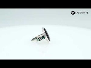 Wholesale sterling silver oval Abalone Shell ring with side inlays, handcrafted artisan jewelry featuring iridescent shell in .925 silver for bulk orders.