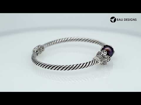 925 Sterling Silver Gray Pearl Bangle with twisted cable design and Balinese handcrafted detailing
