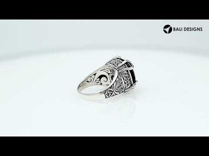 Sterling Silver Cushion Smoky Quartz Ring With Balinese Scroll Engraving