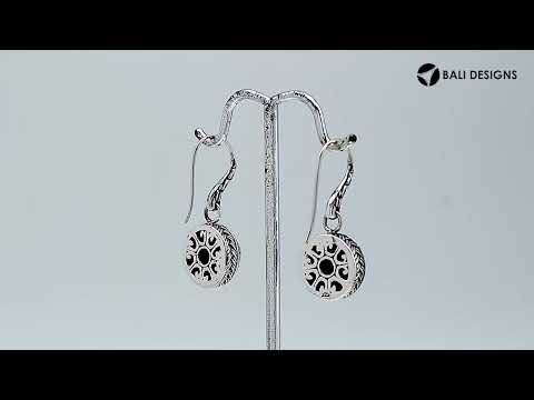 Sterling silver Gray Pearl round drop earrings with oxidized finish and earwire lock.