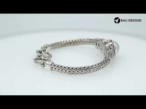 Sterling silver Balinese bracelet with pearl centerpiece and oxidized handcrafted detailing