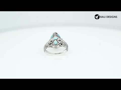 Sterling Silver Blue Topaz Quartz Teardrop Royal Heritage Ring With Balinese Engraving.