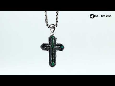 Sterling silver cross pendant with turquoise inlay and Balinese scroll detailing, wholesale artisan jewelry.