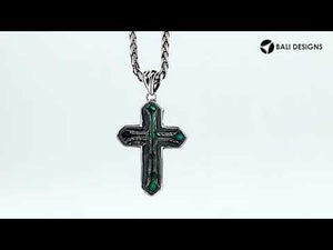 Sterling silver cross pendant with turquoise inlay and Balinese scroll detailing, wholesale artisan jewelry.